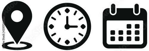 Appointment and schedule icon set, calendar date, clock time, and location pin symbols vector illustration