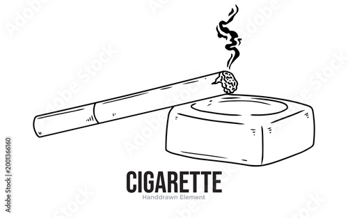 A hand-drawn illustration of a lit cigarette resting on an ashtray with smoke rising.