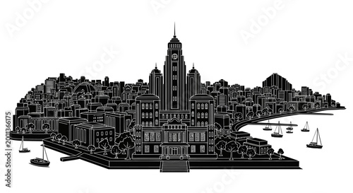 Cityscape silhouette illustration with harbor and boats ? urban design