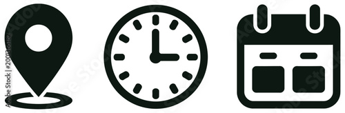 Appointment and schedule icon set, featuring location pin, clock, and calendar symbols vector