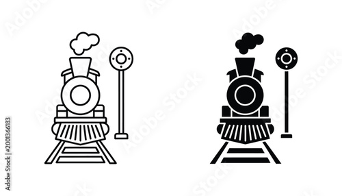 Classic steam train locomotive on tracks with signal post railway transport travel vector illustration