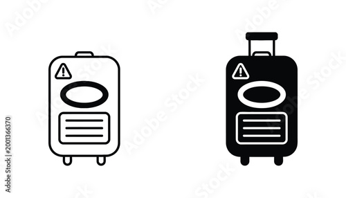 Travel suitcase icon set with warning sign and baggage label in linear and solid black glyph design for airport logistics and tourism industry UI elements isolated on white background