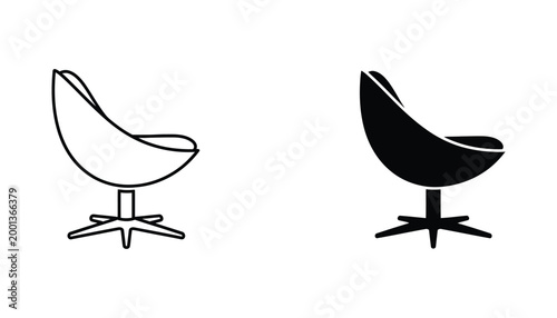 Modern armchair icon set featuring sleek mid-century design in outline and silhouette style for furniture store interior design catalog or home decor mobile application interface elements