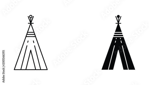 Traditional Native American tipi or wigwam outline and solid fill icon representing culture camping or outdoor living