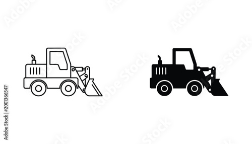 Construction loader tractor machine as minimal outline and solid black silhouette icon set for industrial engineering and heavy machinery equipment branding