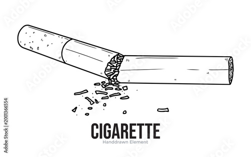 A broken cigarette with tobacco spilling out onto a white background, hand-drawn illustration.