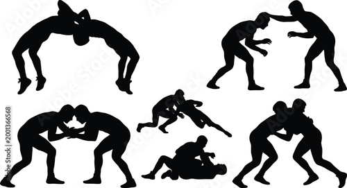 Set of professional wrestlers in various combat positions and fighting poses, competitive grappling sport silhouettes isolated on white background, athletes training for championship event