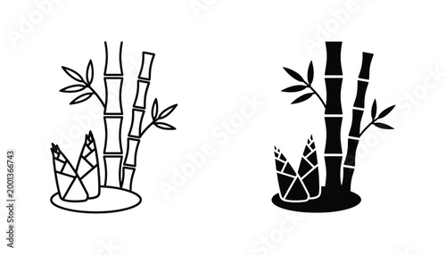 Natural bamboo grove and shoots icon set featuring detailed botanical outline and solid black silhouette styles for Asian culture and eco-friendly design graphic projects on white background
