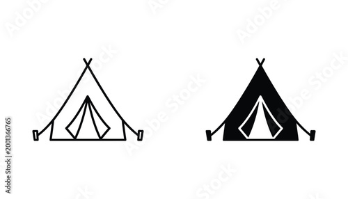 Classic outdoor camping tent icon set featuring triangular structure outline and solid black silhouette styles for adventure travel and wilderness tourism graphic design projects on white background