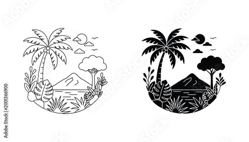 Tropical island paradise landscape vector illustration featuring a majestic palm tree volcano ocean sun and soaring birds within a circular frame evoking travel and relaxation