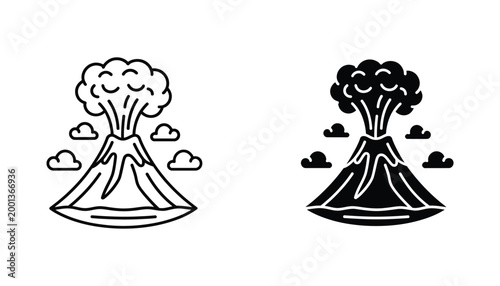 Erupting volcano natural disaster icon set for geography and environmental science educational graphics