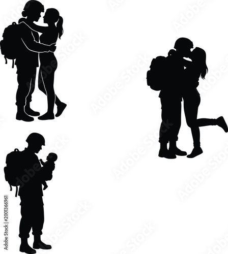 Soldier returning home to family silhouette set, military veteran hugging wife and holding baby, emotional homecoming and reunion, army deployment and sacrifice concept
