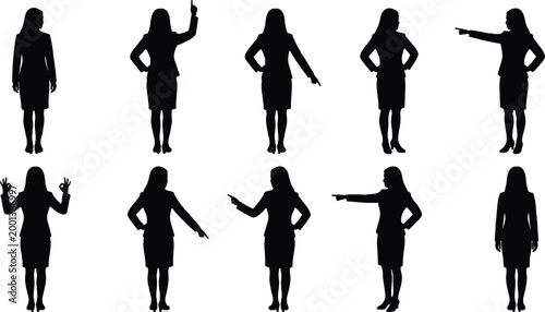 Set of business woman silhouettes in various professional poses, standing, pointing, and gesturing, isolated on white background, corporate female character for business design projects
