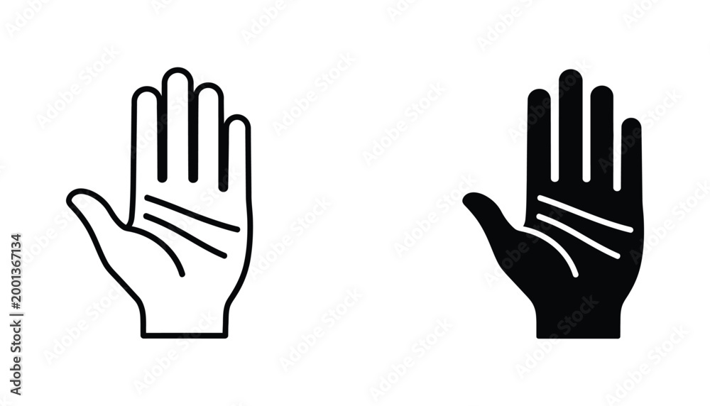Fototapeta premium Simple human hand with visible palm lines in a flat design outline and filled vector graphic icon set