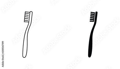 Simple modern toothbrush graphic depicting good oral health habits in outline and solid vector icon set