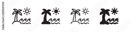 Set of Tropical Beach Icons: Two Line Art, Two Solid Black Silhouettes