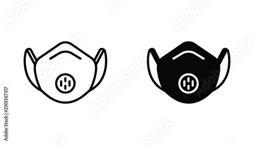 Protective breathing mask or respirator icon set in outline and solid black design for air pollution safety and medical health protection visuals on white background