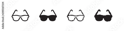 Set of Sunglasses Icons: Two Line Art, Two Solid Black Silhouettes