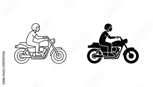 Person riding a motorcycle icon set in outline and solid black vector style for transport travel and motorcycling adventure concepts on white background