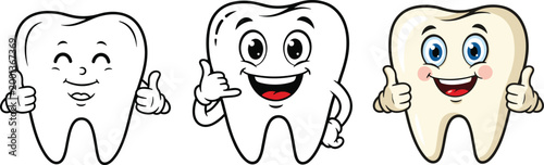Cute cartoon tooth character set with different expressions smiling thumbs up dental care mascot vector illustration