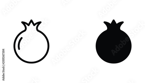 Pomegranate fruit silhouette icon set in outline and solid black vector style for healthy eating diet and organic food branding on white background