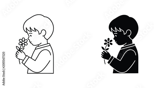 Line art and silhouette illustration of a boy smelling a flower representing childhood innocence and nature appreciation