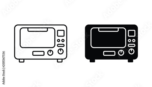 Vector icon of a toaster oven in outline and silhouette styles representing kitchen appliances or baking equipment