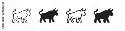 Four Bull Icons: Outline, Solid, and Sketch Styles for Strength and Taurus Symbolism