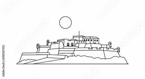 A stylized black and white outline of a fortress on a hill beneath a circle