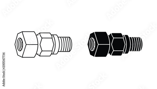 Threaded pipe fitting connector icon for plumbing and industrial hardware in technical vector graphic style