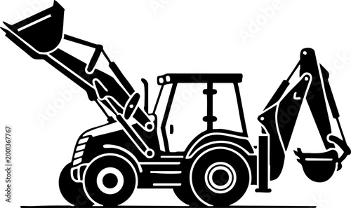 Backhoe loader vector silhouette for construction industry design
