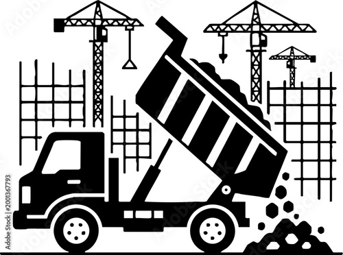 Dump truck unloading at a construction site with cranes