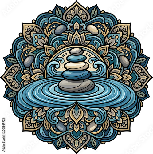 Pixel art mandala featuring stacked stones in equilibrium on circular water ripples, set against an intricate, symmetrical background. Evokes peace and balance.