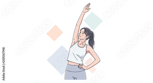 Woman stretching arm up high strong.