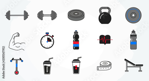 Fitness equipment icons on white background.