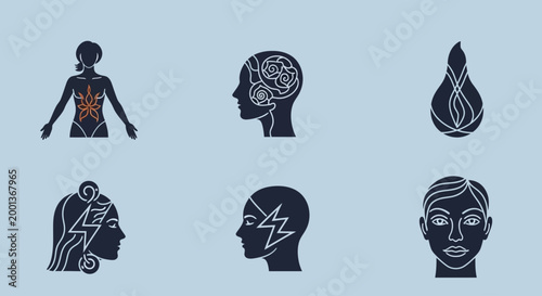 Mind and brain concept icons set.