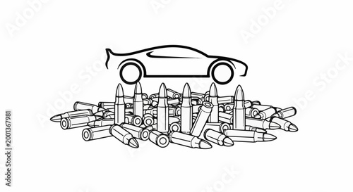 A stylized car silhouette hovers above a pile of bullets