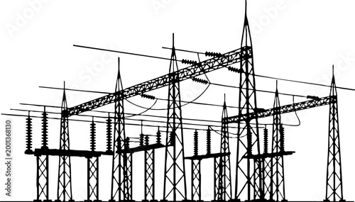 Electrical Substation Silhouette with Power Lines and Towers