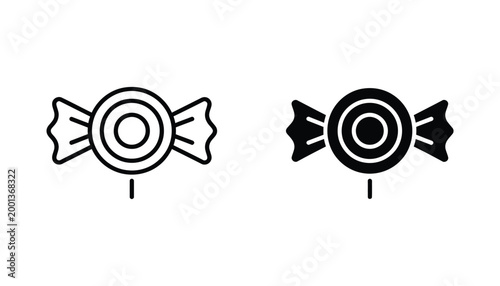 Wrapped candy icon vector illustration in outline and solid black silhouette for sweet treat branding and confectionary graphic design projects