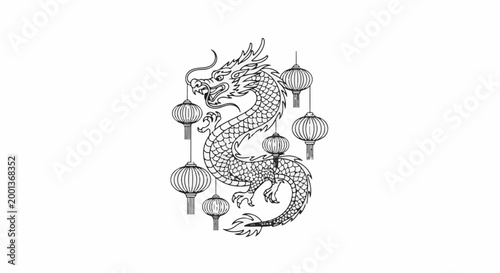 A stylized dragon with traditional lanterns adorns a clean white background