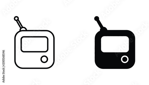 Portable radio receiver icon set with antenna in outline and solid black silhouette styles for audio electronics and media devices