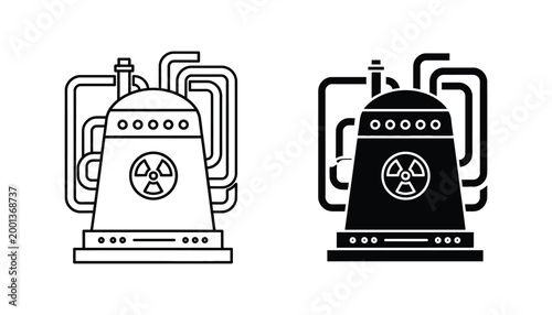 Nuclear power plant reactor with cooling pipes vector icon set