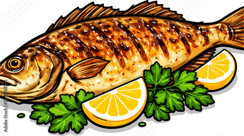 Vector illustration of a whole roasted fish, perfectly cooked and garnished with fresh parsley and lemon slices. Appetizing seafood meal presented for culinary enjoyment.