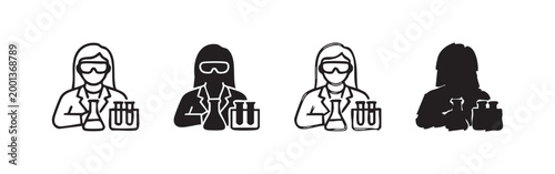 Female scientist icon set with laboratory equipment and research flasks