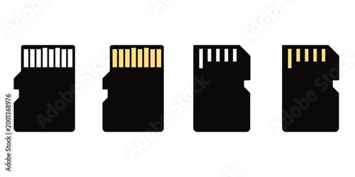 Photos SD Card Icons Set – Micro SD Memory Card Outline and Solid Black Silhouette Symb
