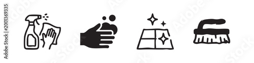 Set of Hand-Drawn Cleaning Icons - Hygiene and Sanitation Symbols