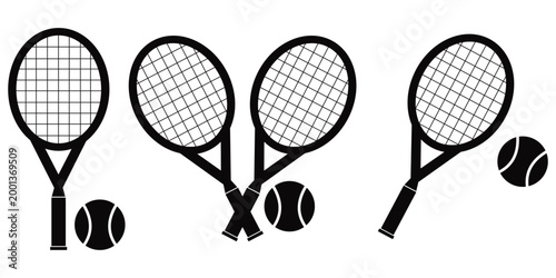 Crossed Tennis Rackets and Ball Icon Set – Modern Minimal Tennis Sport Vector Illustration for Athletic Game 
Symbol and Logo Design