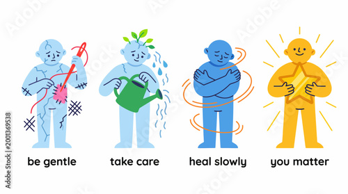 Empowering illustrations depicting the journey of self-care, emotional healing, and recognizing one's inherent worth, promoting mental well-being and personal growth