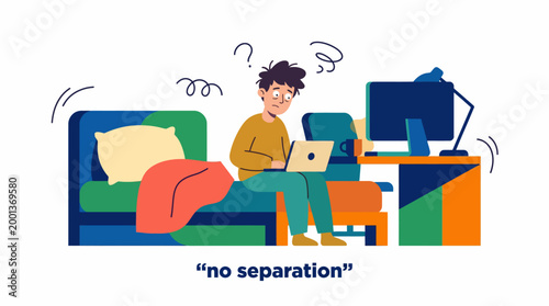 Illustration of a stressed young man working remotely from his bedroom, struggling with work-life balance