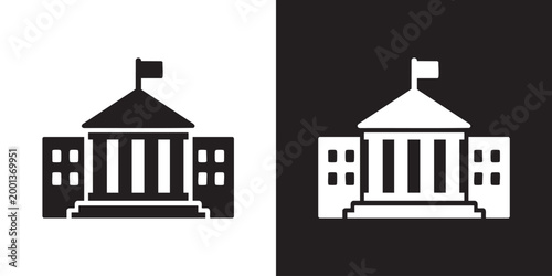 Minimalist Government Building Icon with Columns, Flag, and Symmetrical Wings in Black and White